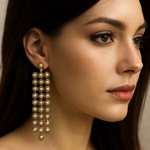 Gold Long Statement Dangle Earrings – Beaded Circle Design Women’s Fashion Jewel